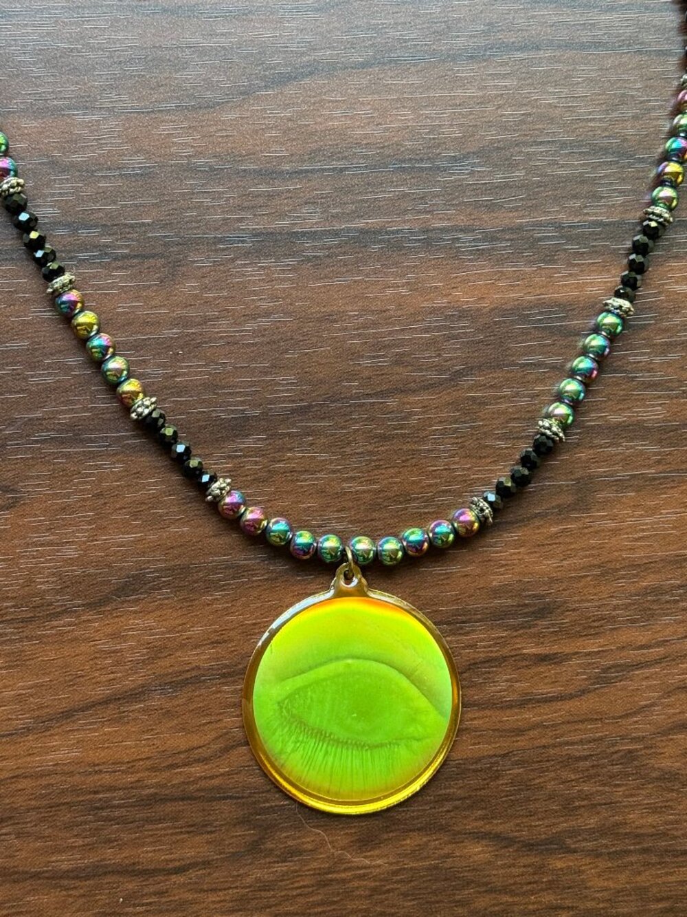 Upcycled 90s Blinking Eye Hologram Pendant Necklace with Rainbow Hematite